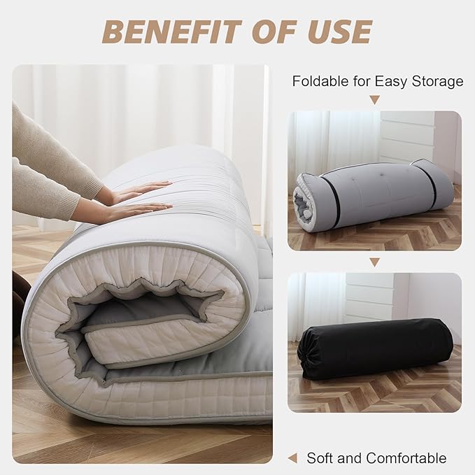 Full Size Futon Mattress - Extra Thick Foldable Japanese Floor Mattress - Memory Foam Sleeping Pad for Adults - Tatami Mat Suitable for Camping & Guest - Gray