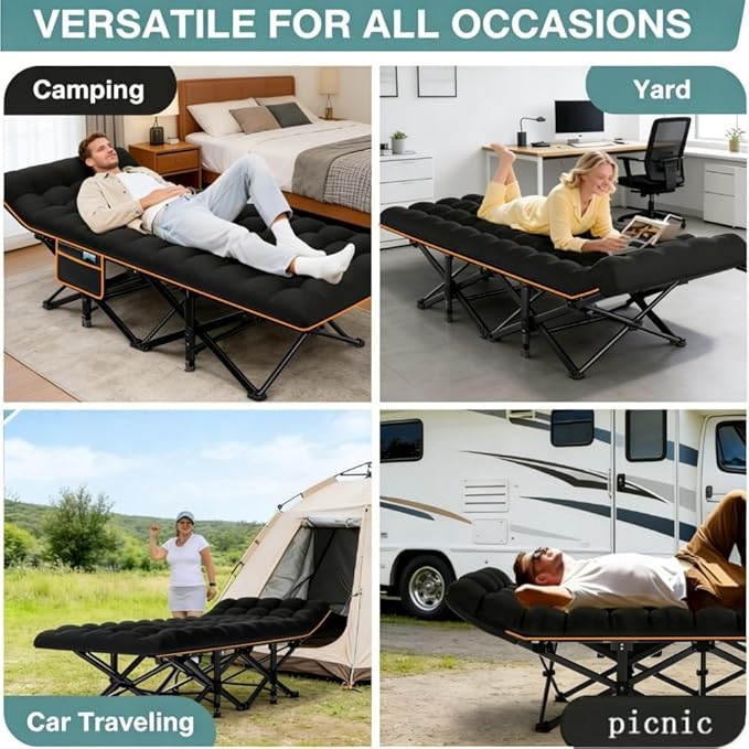 Comfortable and Soft Folding Bed, Portable Camping cot with Side Pockets and Mattress, Extra-Thick Oversized Folding Bed, Weight Capacity of 500/600/700 lbs (Black 600lbs)