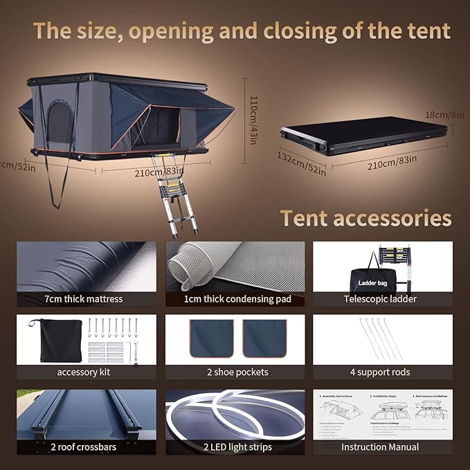 Hard Shell Roof Top Tent with Adjustable Roof Crossbars, 1-Minute Setup, 2-3 Person All-Season Camping Tent, Includes 3" Mattress, Ladder & LED Light - for SUV, Truck, Van(Standard Version)