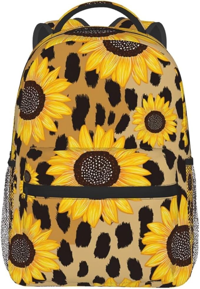 Women Men Polyester 90S Sunflower Leopard Casual Daypack Large Capacity Bookbag With Side Pockets for Sports Picnic Walking Cycling