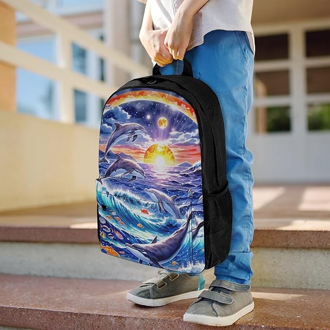 Supdreamc Polyester Daypack Bookbag for Gym Business Bicycle, Large Capacity Multipurpose Anti-Theft Carry On Bag, Dolphin Underwater World Rainbow Travel Hiking Daypack