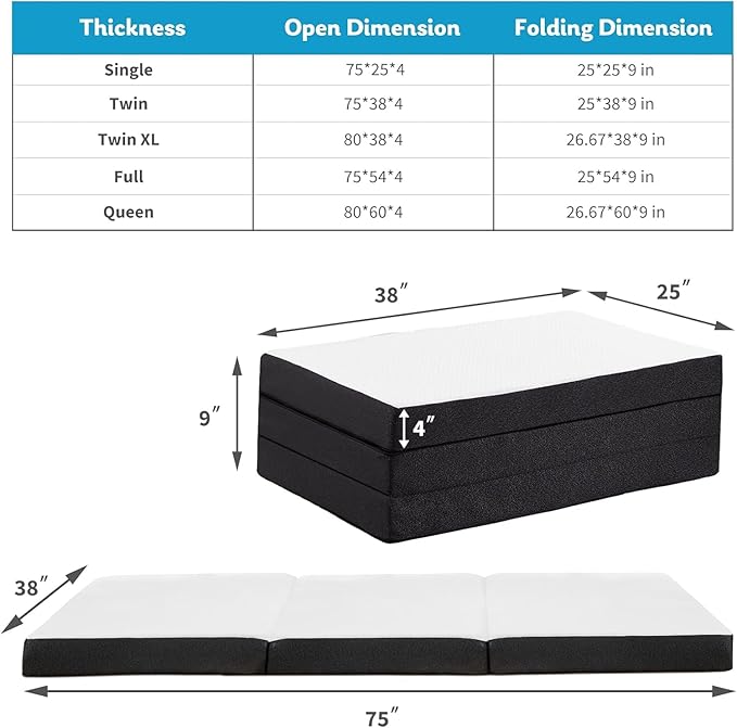 Folding Mattress, 4 inch Memory Foam Tri-Fold Mattress Topper with Washable Cover for Camping, oldable Bed, Guest beds, Portable Travel Mat, 75"×25"×4", White