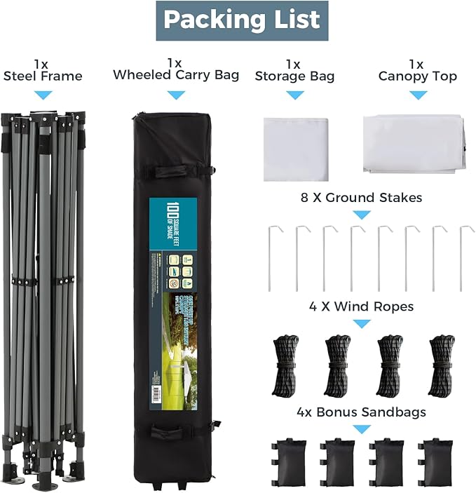 GREEN PARTY 10x10 ft Pop Up Canopy Tent, 1-Person Setup Instant Outdoor Canopy with Vented Top, Wheeled Carry Bag, 4 Ropes & 4 Sandbag -White