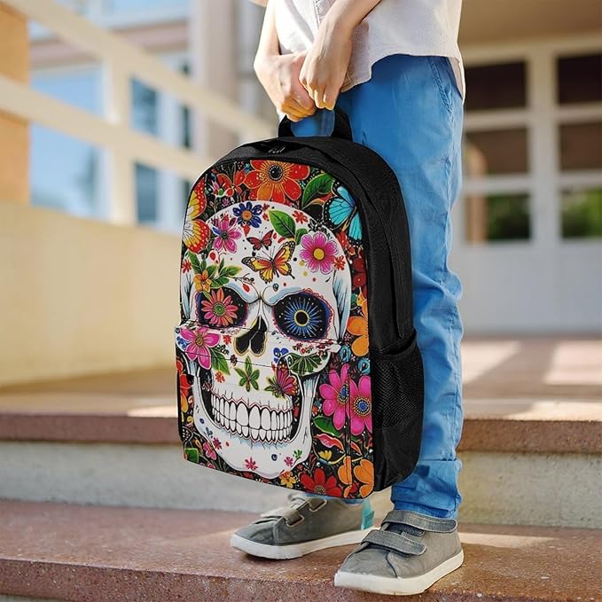 Supdreamc Lightweight Daypack Bookbag for Trekking Business Walking Cycling, Big Capacity Anti-Theft Multipurpose Carry On Bag, Magical Skull Flowers Art Business Computer Bag