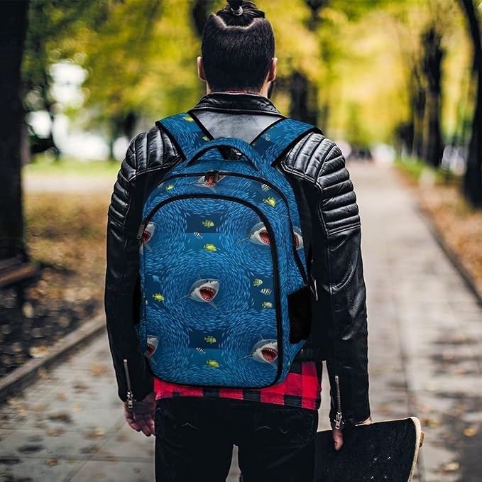 Casual Travel Laptop Backpack Shark Blue Ocean Printing, Lightweight Anti Theft Computer Bag with Large Capacity for Men Women College Work