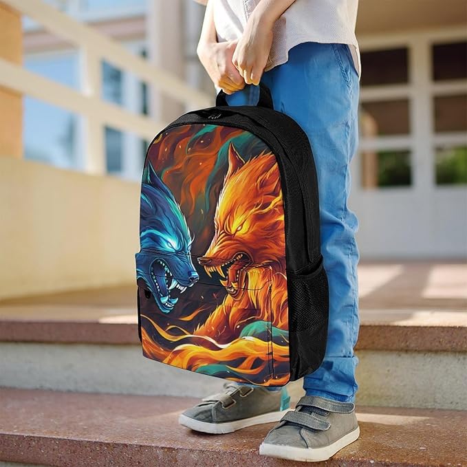Supdreamc Polyester Daypack Bookbag for Gym Business Bicycle, Large Capacity Multipurpose Anti-Theft Carry On Bag, Ice And Fire Flaming Cool Wolf Art Travel Hiking Daypack