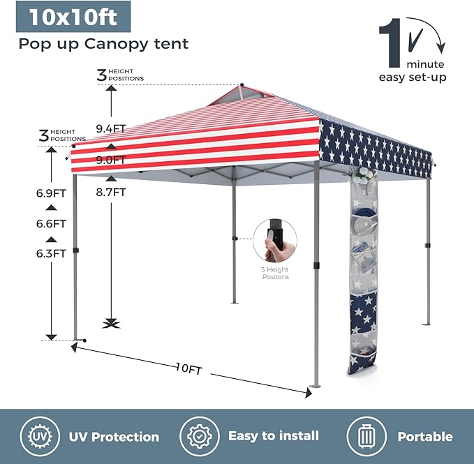 GREEN PARTY 10x10 ft Pop Up Canopy Tent, 1-Person Setup Instant Outdoor Canopy with Vented Top, Wheeled Carry Bag, 4 Ropes & 4 Sandbag -American Flag