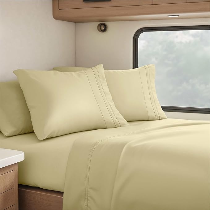 Hearth & Harbor Short Queen Sheets for RV, Vanilla Yellow RV Queen Sheets, Silky Soft 1800 Microfiber Bed Sheet for Camper, 4 Piece RV Bedding with Pillowcases