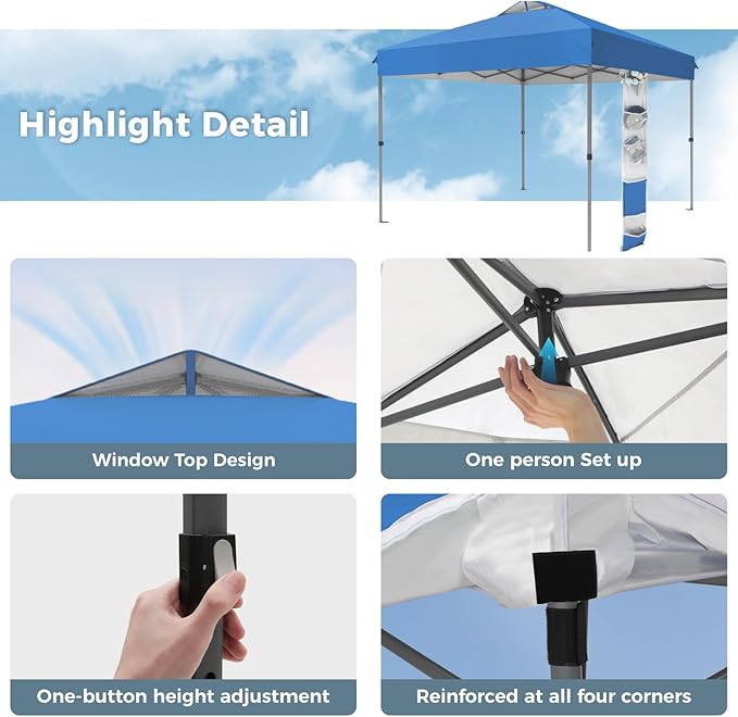 GREEN PARTY 10x10 ft Pop Up Canopy Tent, 1-Person Setup Instant Outdoor Canopy with Vented Top, Wheeled Carry Bag, 4 Ropes & 4 Sandbag -Blue