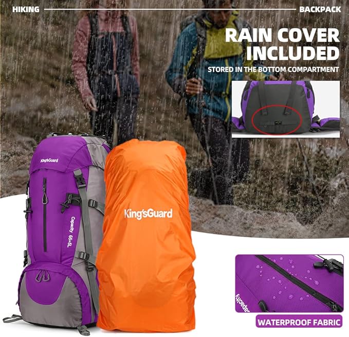 King'sGuard 70L Hiking Backpack with Rain Cover Lightweight Waterproof Travel Camping Backpack Large Backpacking Pack