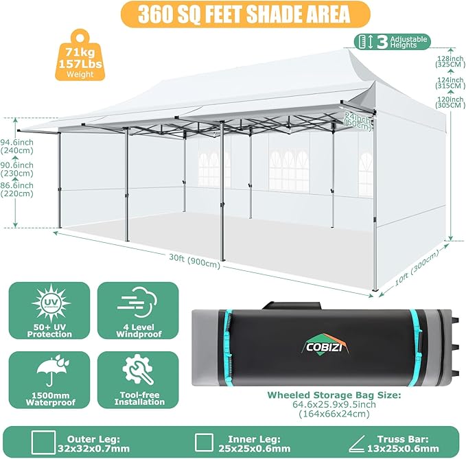 COBIZI 10x30 Pop Up Canopy Tent with Awning,Heavy Duty Canopy UPF 50+ All Season Wind Waterproof Commercial Outdoor Street Vendors Party Tents for Parties Canopy with Roller Bag(10 x 30 ft White)
