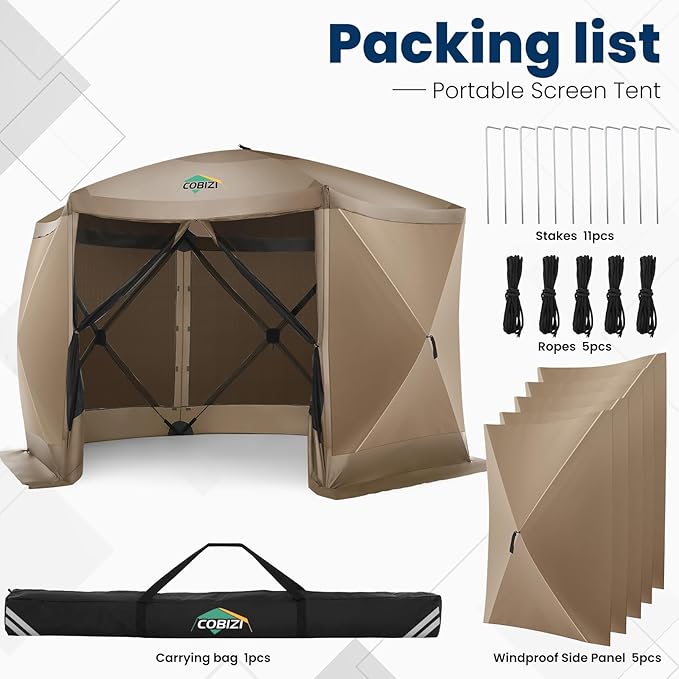 COBIZI 12x12FT Pop Up Gazebo Screen Tent Screen House for Camping, Screen Room with Mosquito Netting, Hub Tent Instant Screened Canopy with Carrying Bag and Ground Stakes, Khaki(Upgraded)