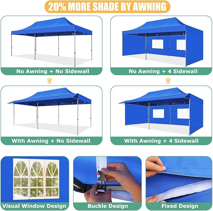 COBIZI 10x20 Pop Up Canopy Tent with Awning,Heavy Duty Canopy UPF 50+ All Season Wind Waterproof Commercial Outdoor Street Vendors Party Tents for Parties Canopy with Roller Bag(10 x 20 ft Blue)