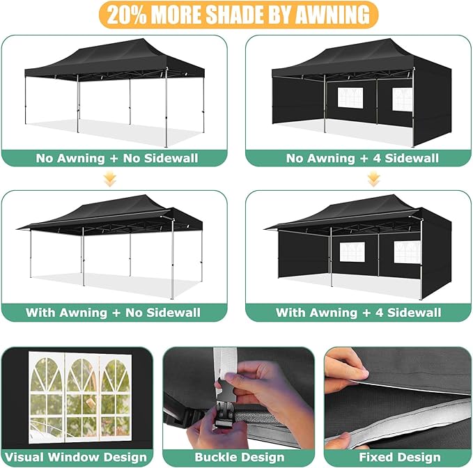 COBIZI 10x20 Pop Up Canopy Tent with Awning,Heavy Duty Canopy UPF 50+ All Season Wind Waterproof Commercial Outdoor Street Vendors Party Tents for Parties Canopy with Roller Bag(10 x 20 ft Black)