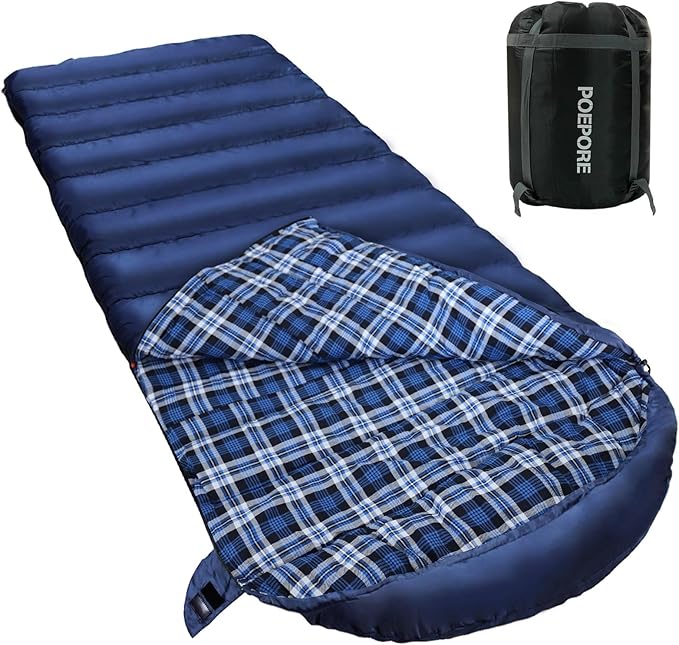 0 Degree Sleeping Bag 100% Cotton Flannel XXL Cold Weather Winter Oversized Sleeping Bag for Adults Camping Zero Degree Big and Tall with Compression Sack
