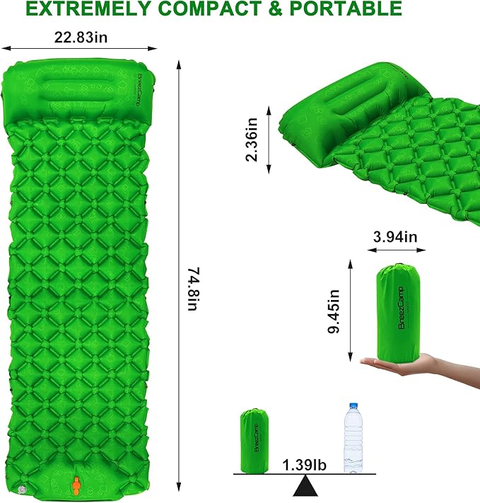 Camping Sleeping Pad, Ultralight Inflatable Mattress with Pillow Built-in Foot Pump for Outdoor Hiking Travel Tent Backpacking Trip Car, Compact Lightweight Camping Mat, Army Green