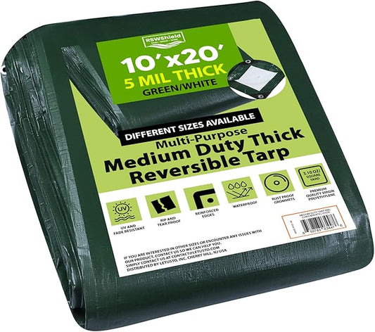 Medium Duty Waterproof 5 Mil. Reversible (Hunter Green/White) Tarp Cover, UV Resistant, Rip and Tear Proof Tarpaulin with Reinforced Edges - for Roof, Camping, Patio, Pool Cover, Boat (10'X20')