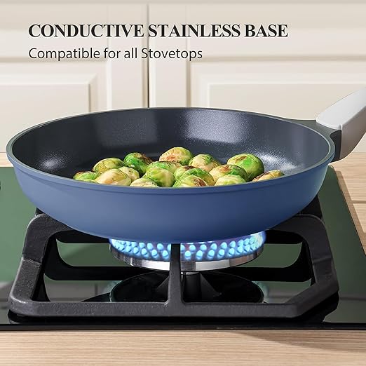 PRICUSIS Nonstick Ceramic Frying Pan, 8/10/12 Inch Non Toxic Skillet, Egg & Omelet & Chef's Pan, Induction Compatible & Oven Safe, Dishwasher Safe,PTFE PFAS & PFOA Free (8 Inch, Blue Gray)