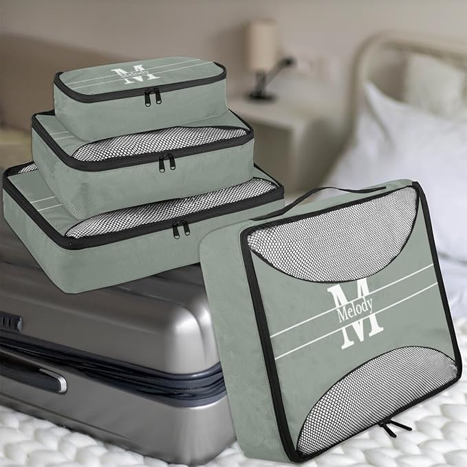 Custom Packing Cubes with Name, 4Pcs/Set Travel Luggage Packing Organizers Set for Women, Dark Matcha Green Background with Initial Name