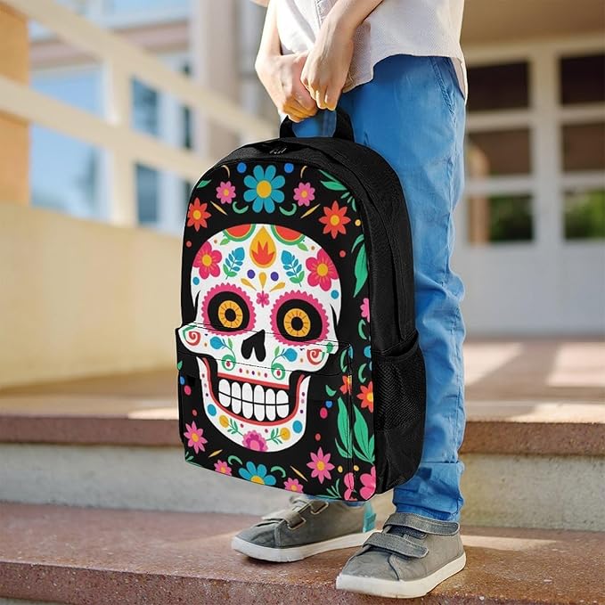 Supdreamc Daypack Anti-Theft Multipurpose Large Capacity Shoulder Bag, Mexican Day Of Dead Flower Traditional Sugar Skull Travel Hiking Camping Rucksack With Smooth Zippers