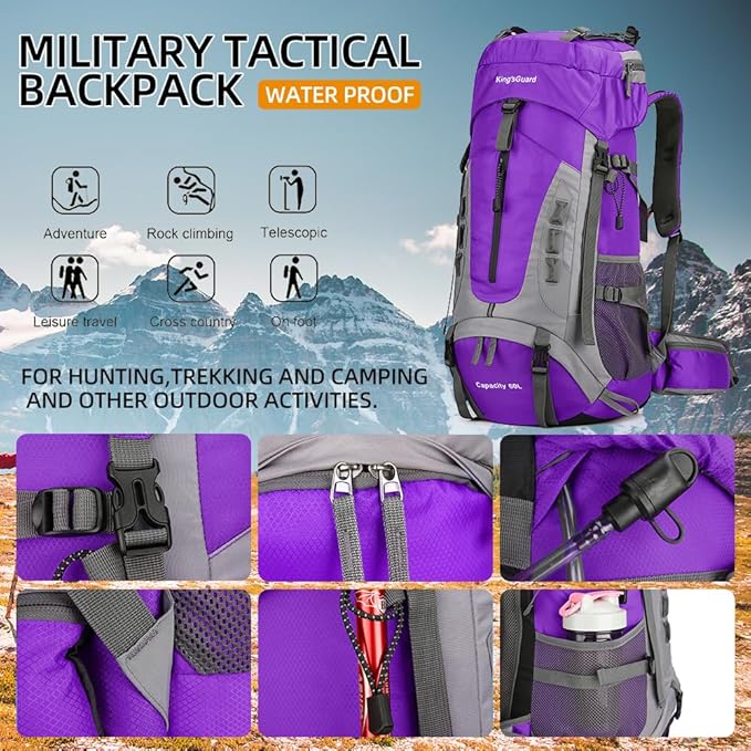 King'sGuard 60L Hiking Backpack for Men and Women Lightweight Camping Hiking Backpack with Rain Cover Large Waterproof Travel Backpack Backpacking Pack (Purple)