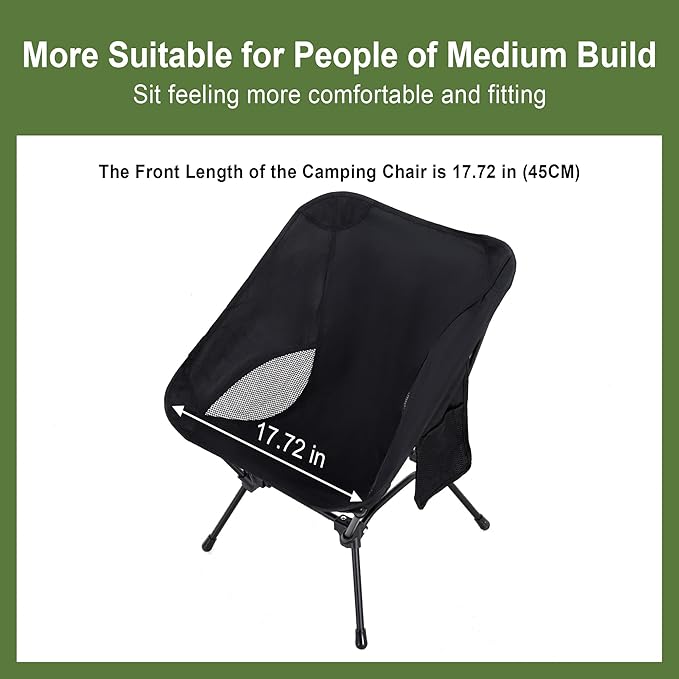 Camping Chair Portable Lightweight Camping Chairs for Adults Foldable 600D Oxford Ultralight Backpacking Chair with Breathable Mesh and Pocket for Outdoor Travel Hiking, Black