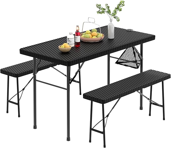 VECELO 3 Piece Folding Picnic Table with 2 Benches, 47.2" Faux Rattan Patio Set with Mesh Bag, Heat-Resistant & Waterproof, for Indoor Outdoor Use, Matte Black