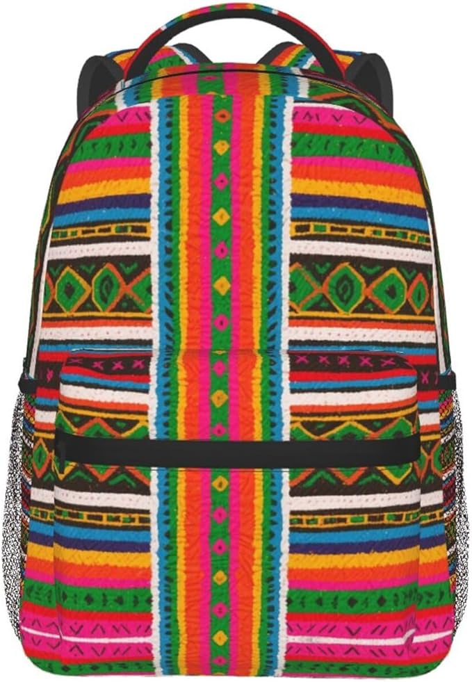 Daypack Anti-Theft Multipurpose Large Capacity Shoulder Bag, Colorful Mexican Blanket Stripes Art Travel Hiking Camping Rucksack With Smooth Zippers