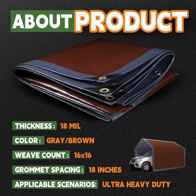RAINDEWAY 12x25 Feet Super Heavy Duty Tarp 18 Mil, UV Resistant, Weatherproof, Multipurpose Waterproof Poly Tarp with Grommets and Reinforced Edges, Brown/Gray Tarps