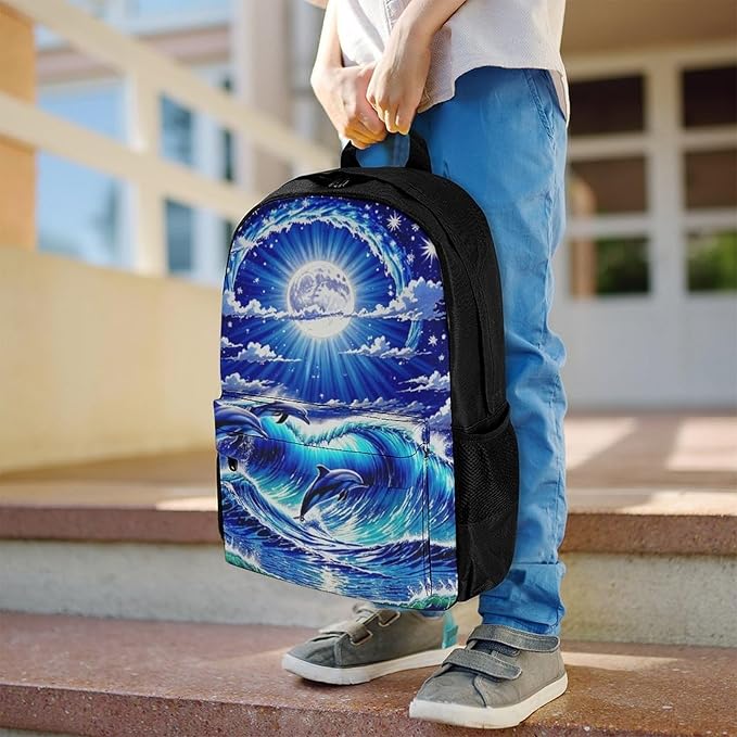 Supdreamc Lightweight Rucksacks for Climbing Outdoors Walking Cycling, Large Capacity Anti-Theft Multipurpose Carry On Bag, Dolphin Blue Great Water Of Waves Sea Moon Camping Outdoor Backpack