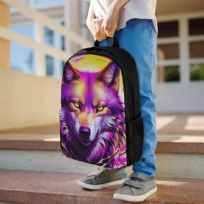 Supdreamc Lightweight Rucksacks for Climbing Outdoors Walking Cycling, Large Capacity Anti-Theft Multipurpose Carry On Bag, Cool Red And Yellow Light Wolf Art Camping Outdoor Backpack
