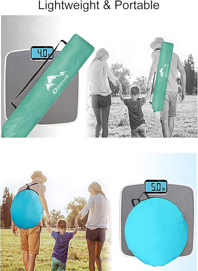 Oileus X-Large 4 Person Beach Tent Sun Shelter - Portable Sun Shade Instant Tent for Beach with Carrying Bag, Stakes, 6 Sand Pockets, Anti UV for Fishing Hiking Camping, Waterproof, Light Green