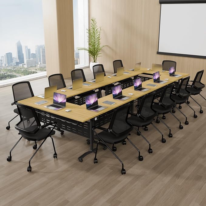 Modular Conference Room Table, Folding Seminar Desk with Wheels, Large Mobile Office Meeting Table for Classroom Training, Flip-Top Stackable Conference Tables,6 Packs Maple Color