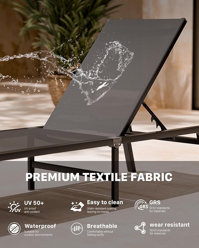 Aluminum Patio Chaise Lounge Chair Set of 2 with Side Table,5-Position Adjustable Backrest,Foldable Lounge Chair Outdoor,Pool Lounge Chairs for Poolside,Lawn,Deck,Beach (Grey, 2 Pack+Table)