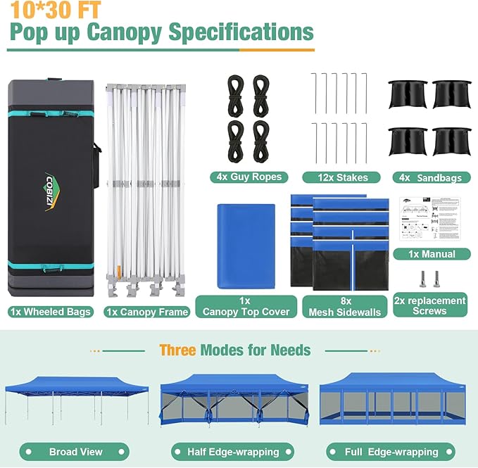 COBIZI 10x30 Canopy Tent, Heavy Duty Pop up Canopy with Sidewalls, Waterproof Easy Setup Canopy with Mosquito Netting, Outdoor Instant Screen Tents for Parties, Wedding with Roller Bag, Blue