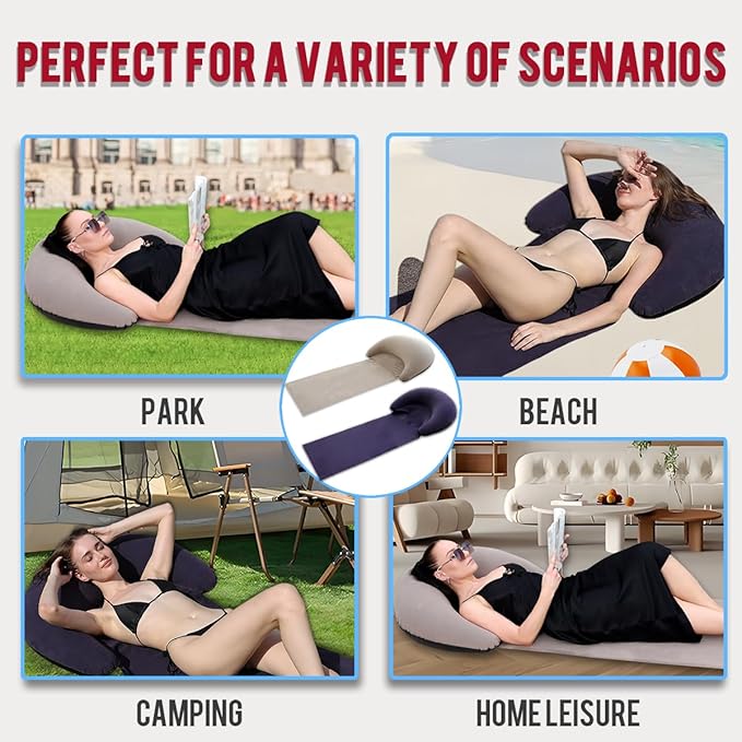 Inflatable Beach Mat Lounge Chair, Outdoor Sunbathing Sleeping Pad with Inflatable Pillow, Portable Flocking Beach Lounge Chair, Suitable for Lawn, Outdoor Camping, Travel, Beach Vacation (Navy)