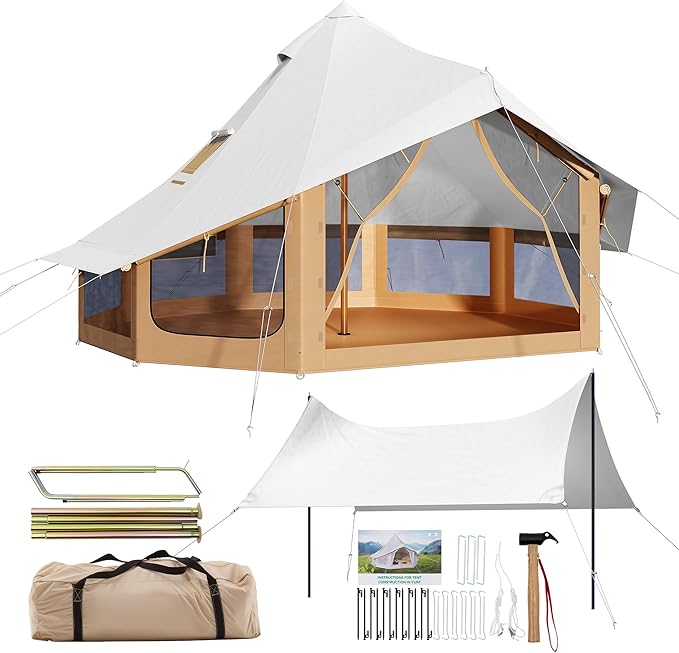 SPECRAFT Canvas Bell Yurt Tents & Inflatable Tent for Camping, Waterproof Glamping Tent with Stove Jack, Breathable Mesh, Snowproofing Spacious 4-Season Family Shelter for Outdoor, Camping, Parties