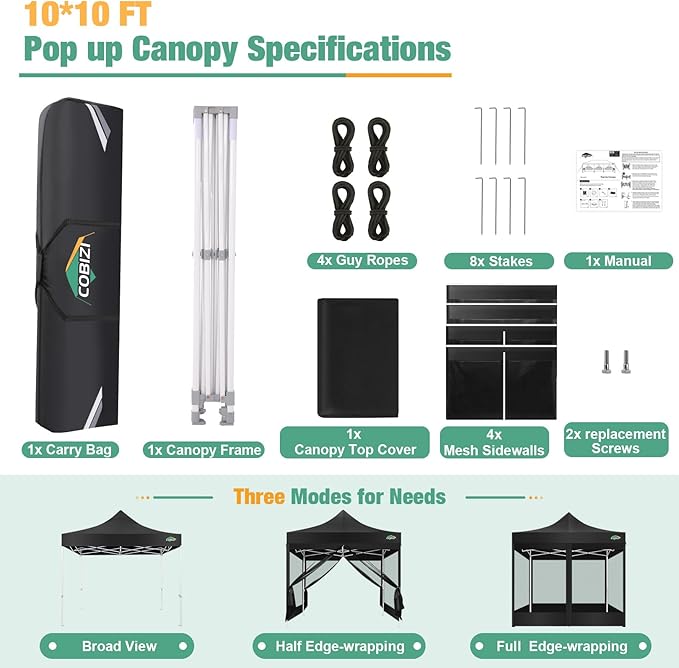 COBIZI Canopy Tent 10x10 Heavy Duty, Pop Up Gazebo with Netting Screened,Waterproof Ez up Canopy with Sidewalls, Outdoor Instant Screen House Tent for Camping,Backyard, Wedding, Birthday,Black