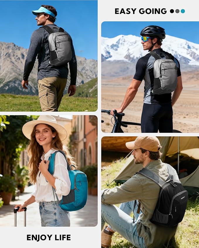 WATERFLY Packable Lightweight Small Backpack: 15L Foldable Mini Hiking Daypack - Ultralight Compact Day Pack for Women Men Outdoor Travel Camping Walking - Black