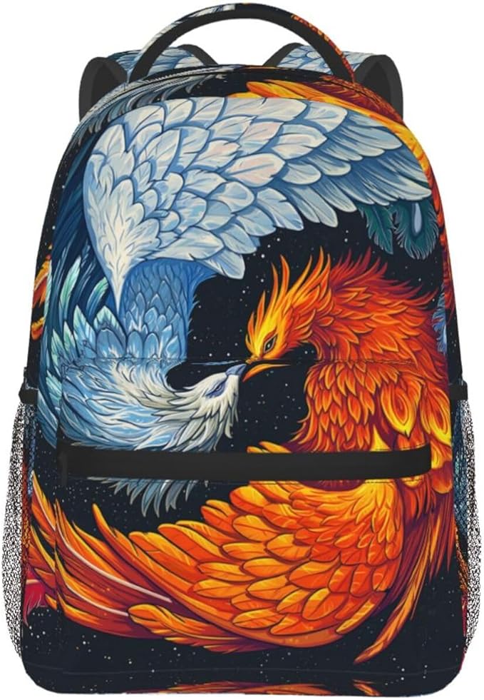 Rucksack Anti-Theft Multipurpose Big Capacity Carry On Bag, Ice Water Fire Flame Phoenix Bird Art Traveling Camping Backpack With Side Pockets