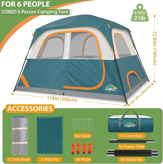 COBIZI Tents for Camping 4/6 Person Camping Tent with Rainfly and Screen, Easy Setup Lightweight Portable Waterproof Outdoor Tent with Carry Bag for Backpacking, Hiking, Family Travel