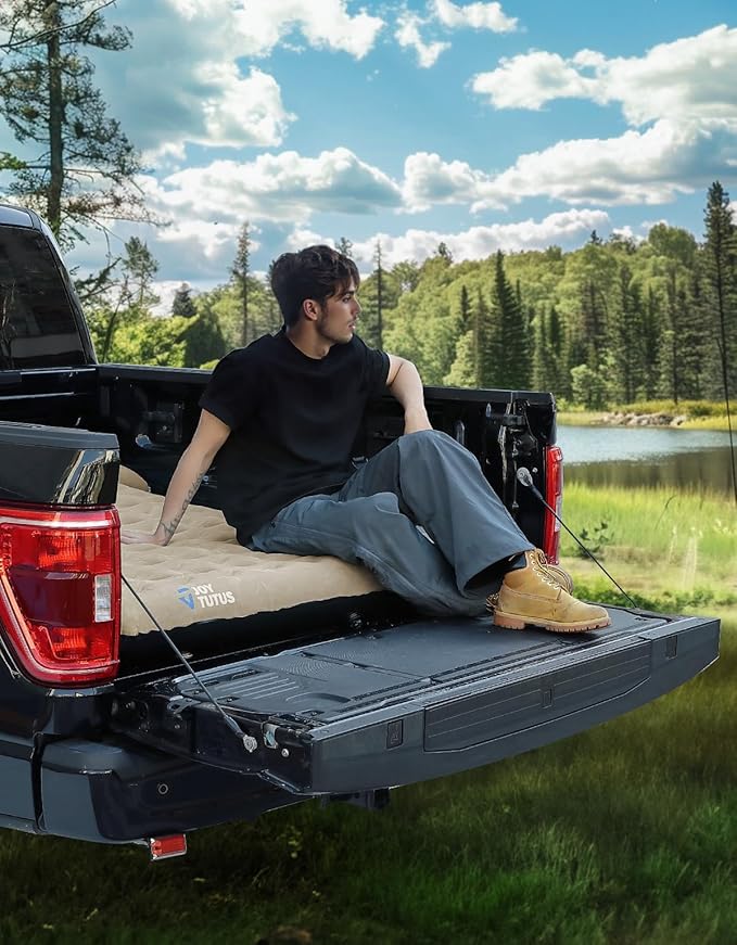 JOYTUTUS Upgraded Light Version Truck Bed Air Mattress for Camping, Thicken Inflatable Mattress for 6.4-6.7Ft Short Truck Bed,with Built-in Cup Holder&2 Inflatable Pillow,Camel and Black