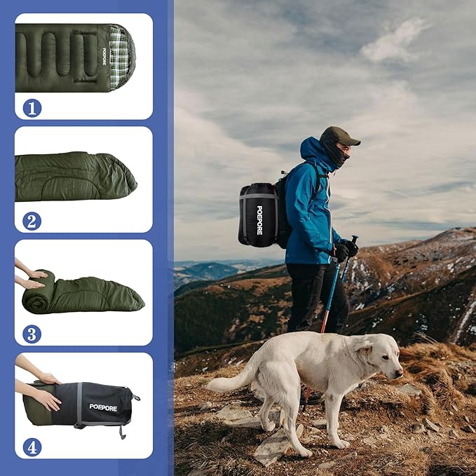 Flannel Sleeping Bag Cotton 0 Degree Cold Weather for Adults XXL Wearable Sleeping Bag 4 Seasons Waterproof with Compression Sack