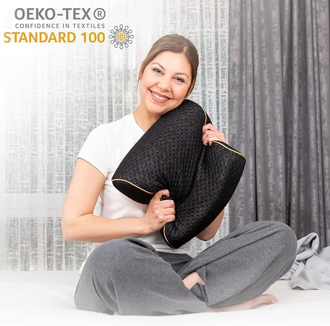 alkamto Travel & Camping Comfortable Memory Foam Pillow – Easy to Carry Portable Bag – Temperature Regulating Pillow Case (Black Contour)