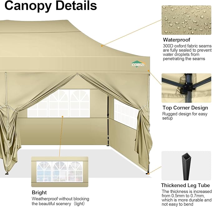 COBIZI 10x20 Pop up Canopy Tent 10x20 Canopy with 6 Sidewalls Waterproof Heavy Duty Gazebo Commercial Canopy Tent for Parties Outdoor Gazebo, Carry Bag with Wheel(10x20ft, Khaki)