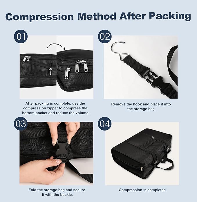 TABITORA Travel Clothes Organizer Portable Hanging Compression Packing Cubes Camp Organizer Travel Cases Suitcase Storage Large Capacity Carry On Closet (Black)