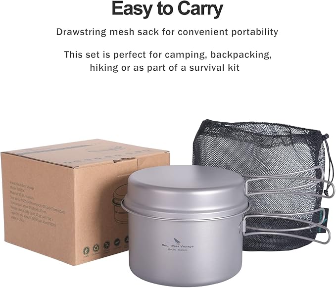 iBasingo Backpacking Cookset Titanium Camping Pots Set Ultralight Outdoor Picnic Pots Pans with Folding Handle Druable Portable Cooking Mess Kit Compact Picnic Dishes Bowls Cups (Multiple Sizes)