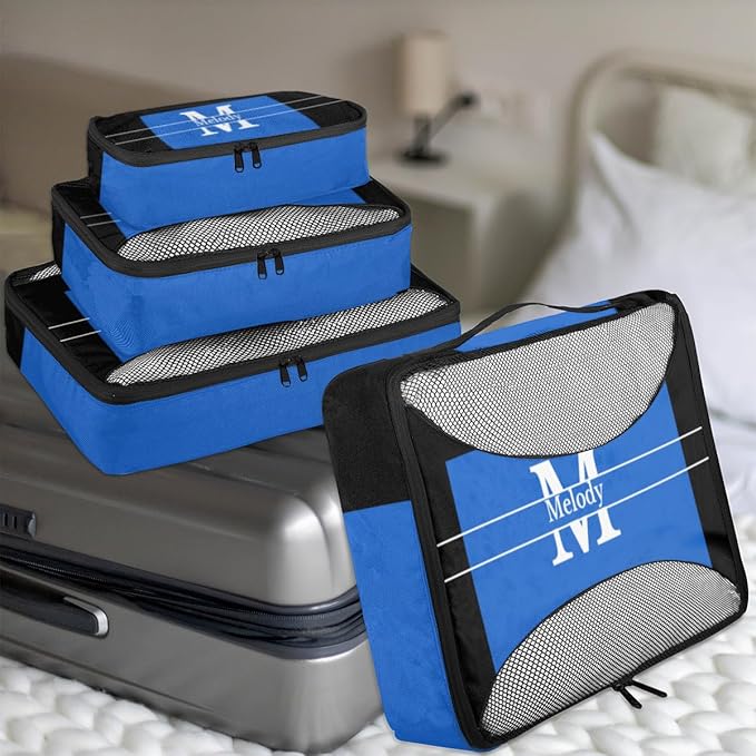 Custom Packing Cubes with Name and Initial Letter, 4Pcs/Set Travel Luggage Packing Organizers Set for Men and Women, Navy Blue with Black