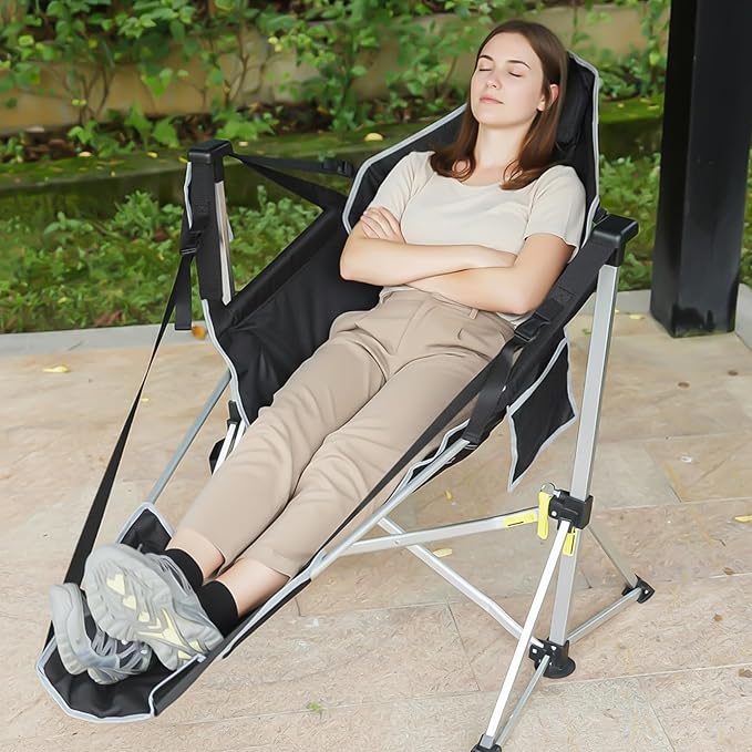 Romswi 2Pk Aluminum Hammock Camping Chair with Footrest, Oversized Portable Swinging Chair with Adjustable Back & Seat, Lightweight Folding Rocking Camp Chair Supports 440lbs for Outdoor, Patio Black
