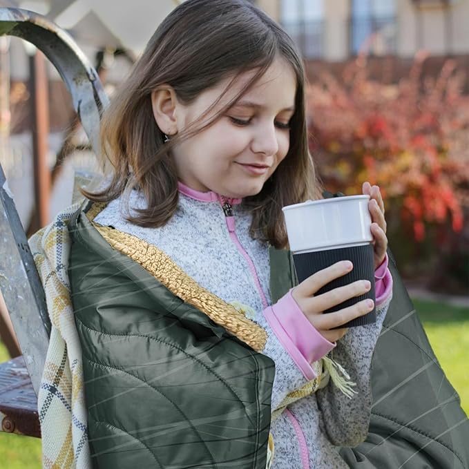 Outdoor Camping Blanket with Sherpa Lining, Extra Warm Thick Camp Blankets and Puffy Ultralight Soft Poncho DWR Camping Quilt for Cold Weather, Adventure, Sleeping, Backpacking 56"x 40"